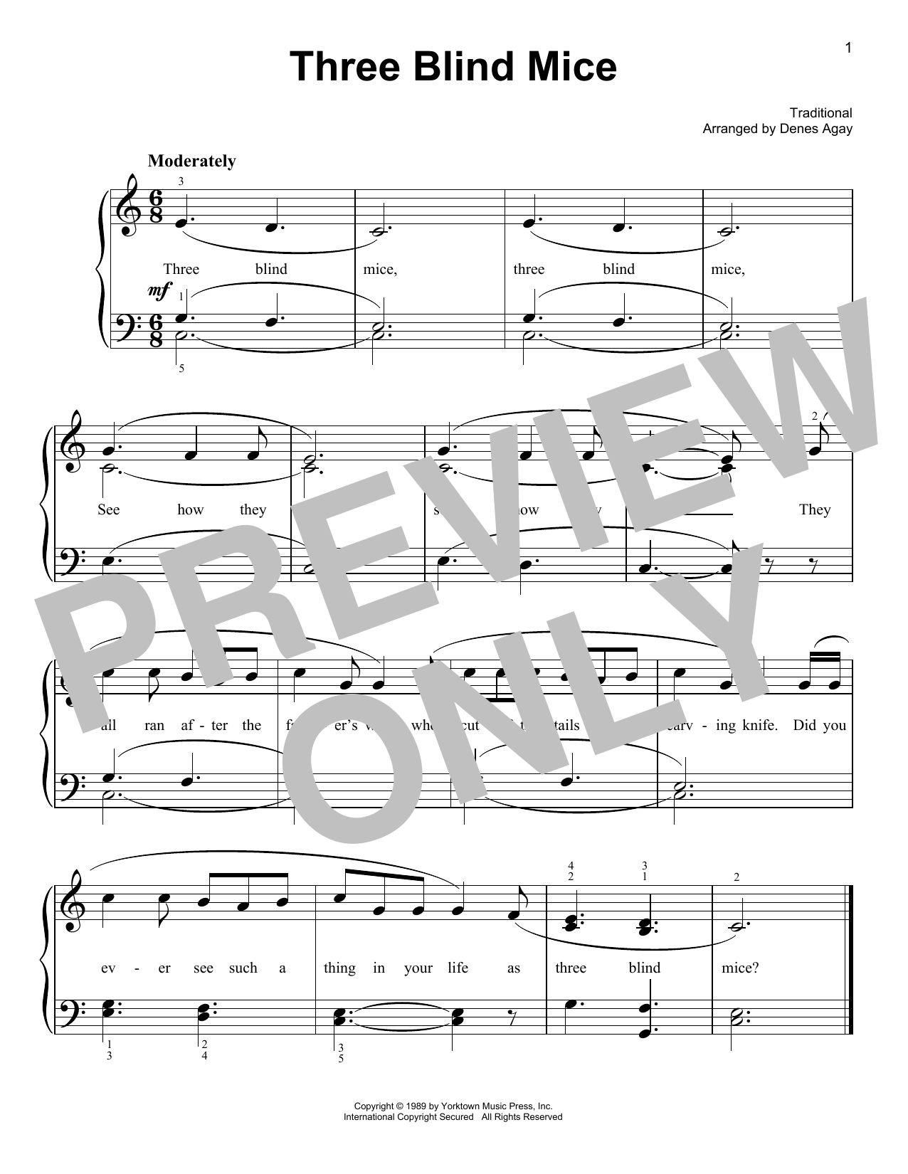 Traditional Three Blind Mice (arr. Denes Agay) Sheet Music Notes & Chords for Easy Piano - Download or Print PDF