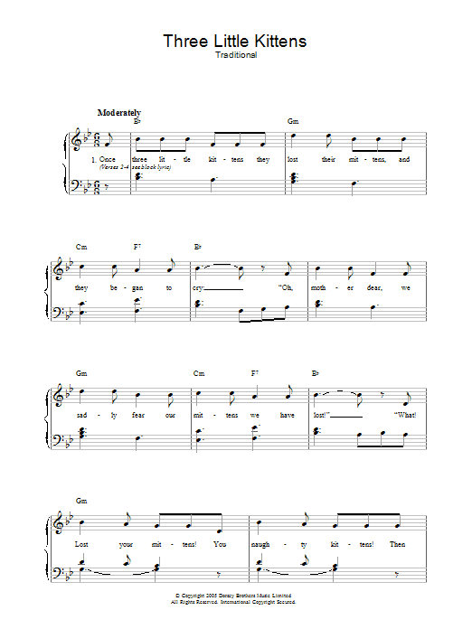 Traditional Three Little Kittens Sheet Music Notes & Chords for Piano, Vocal & Guitar Chords (Right-Hand Melody) - Download or Print PDF