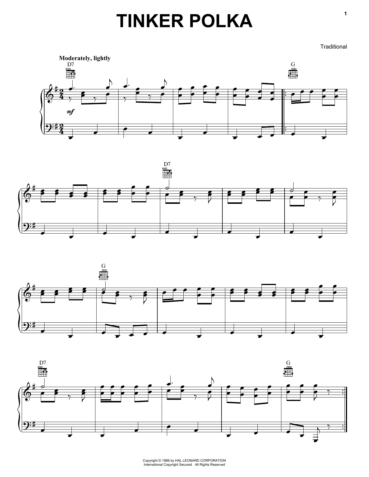Traditional Tinker Polka Sheet Music Notes & Chords for Piano - Download or Print PDF
