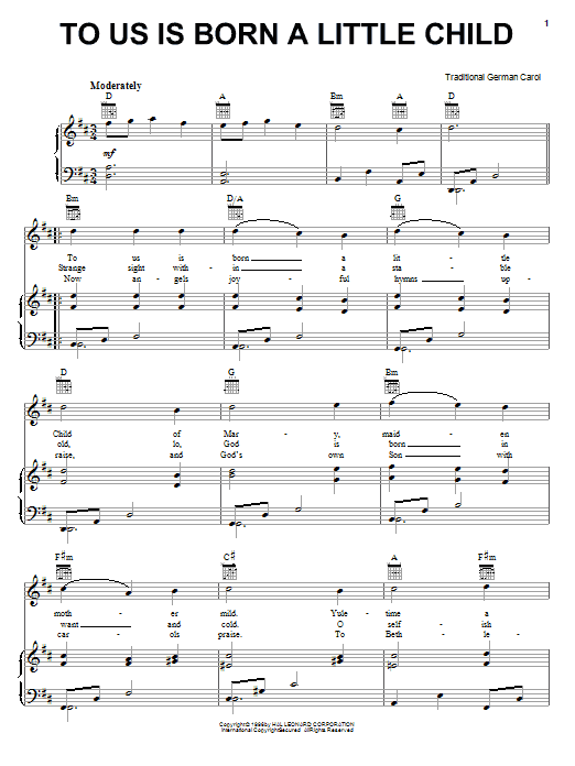 Traditional To Us Is Born A Little Child Sheet Music Notes & Chords for Piano, Vocal & Guitar (Right-Hand Melody) - Download or Print PDF