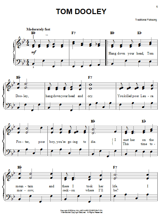 Traditional Tom Dooley Sheet Music Notes & Chords for Piano, Vocal & Guitar (Right-Hand Melody) - Download or Print PDF