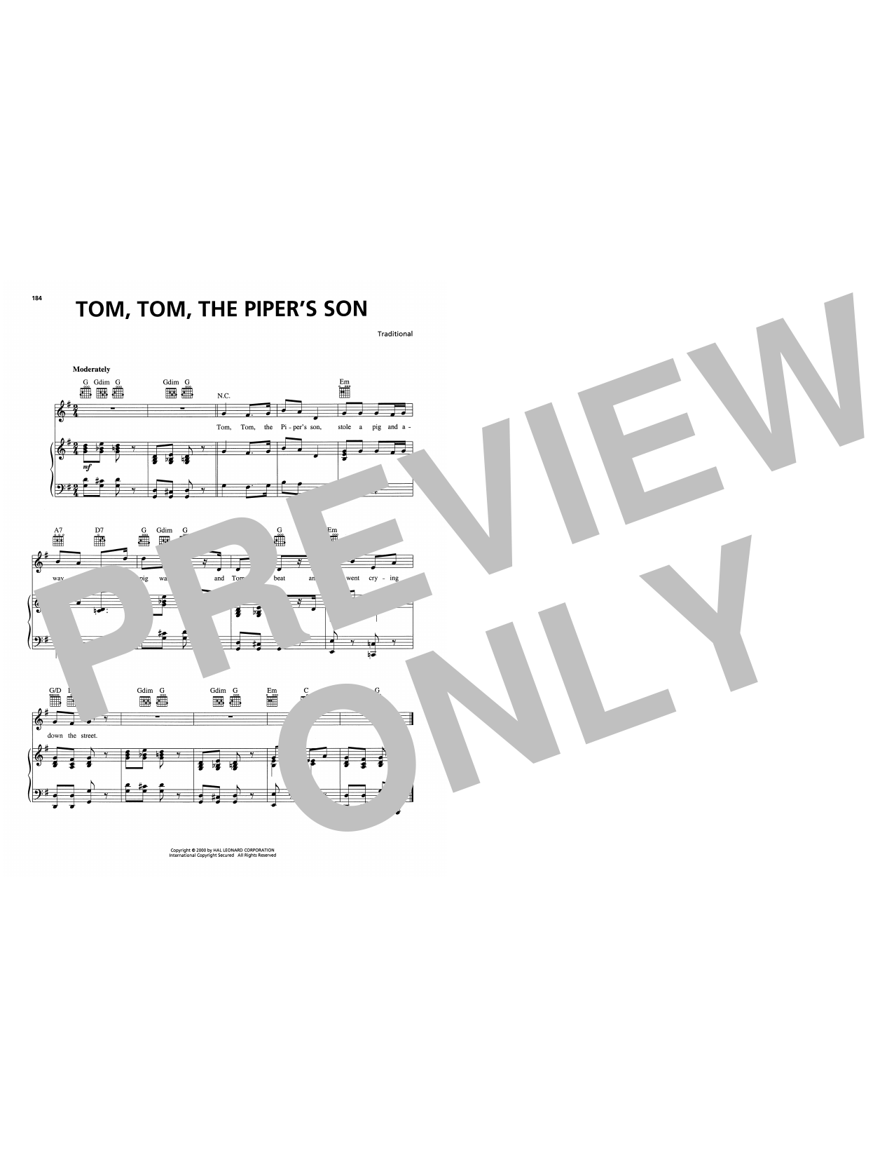 Traditional Tom, Tom, The Piper's Son Sheet Music Notes & Chords for Piano, Vocal & Guitar Chords (Right-Hand Melody) - Download or Print PDF Traditional Tom, Tom, The Piper's Son Sheet Music Notes & Chords for Piano, Vocal & Guitar Chords (Right-Hand Melody) - Download or Print PDF