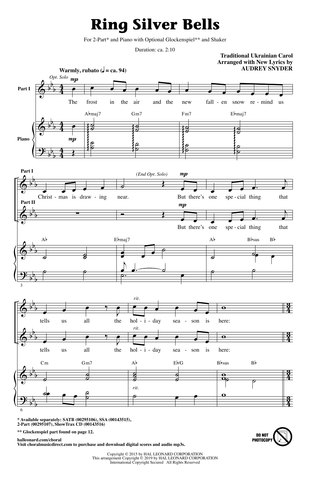 Traditional Ukrainian Carol Ring Silver Bells (arr. Audrey Snyder) Sheet Music Notes & Chords for SATB Choir - Download or Print PDF