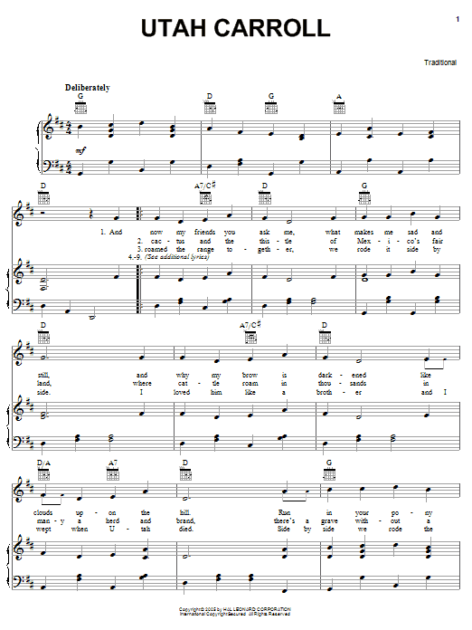 Traditional Utah Carroll Sheet Music Notes & Chords for Piano, Vocal & Guitar (Right-Hand Melody) - Download or Print PDF