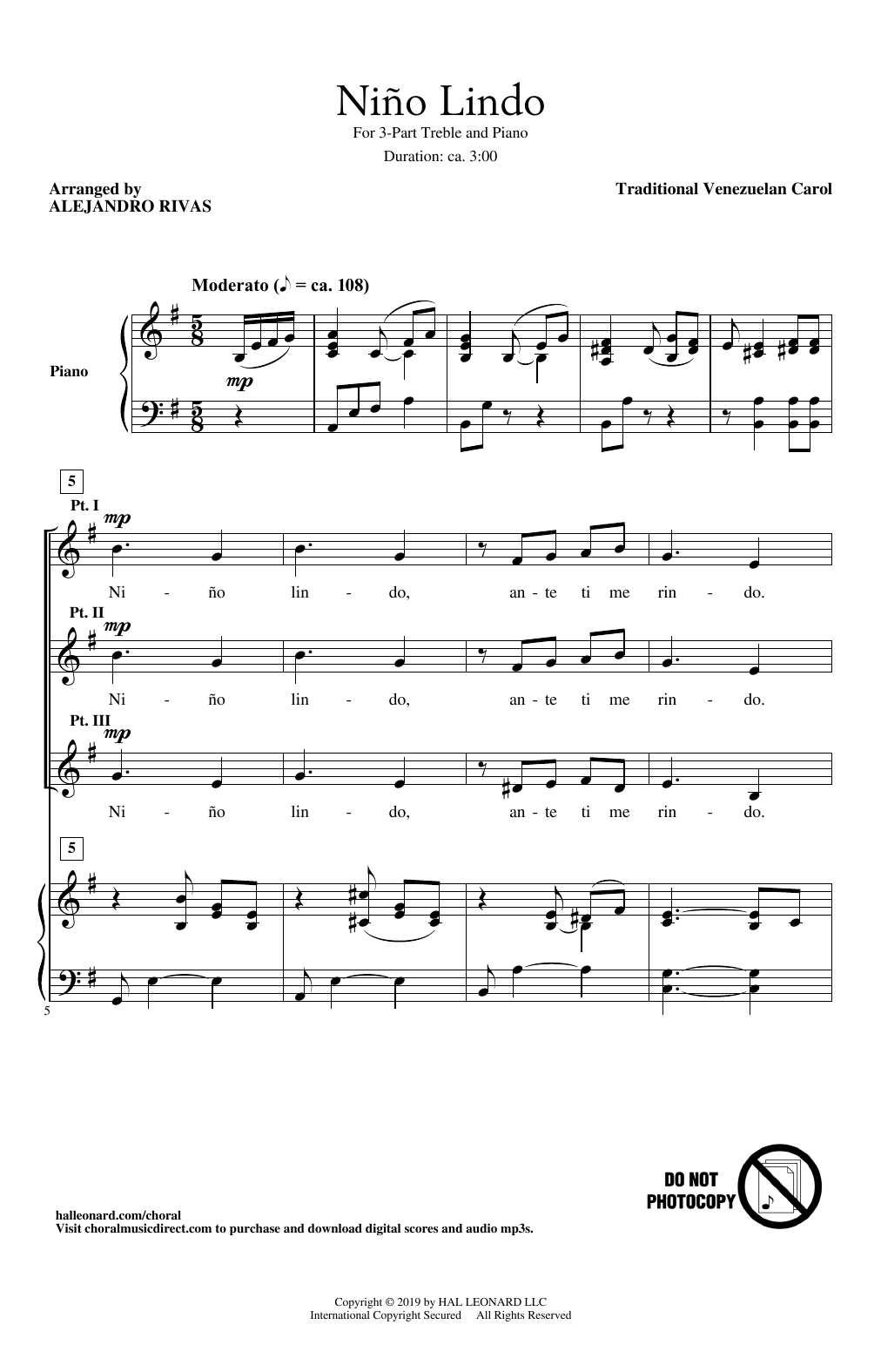 Traditional Venezuelan Carol Nino Lindo (arr. Alejandro Rivas) Sheet Music Notes & Chords for 3-Part Treble Choir - Download or Print PDF