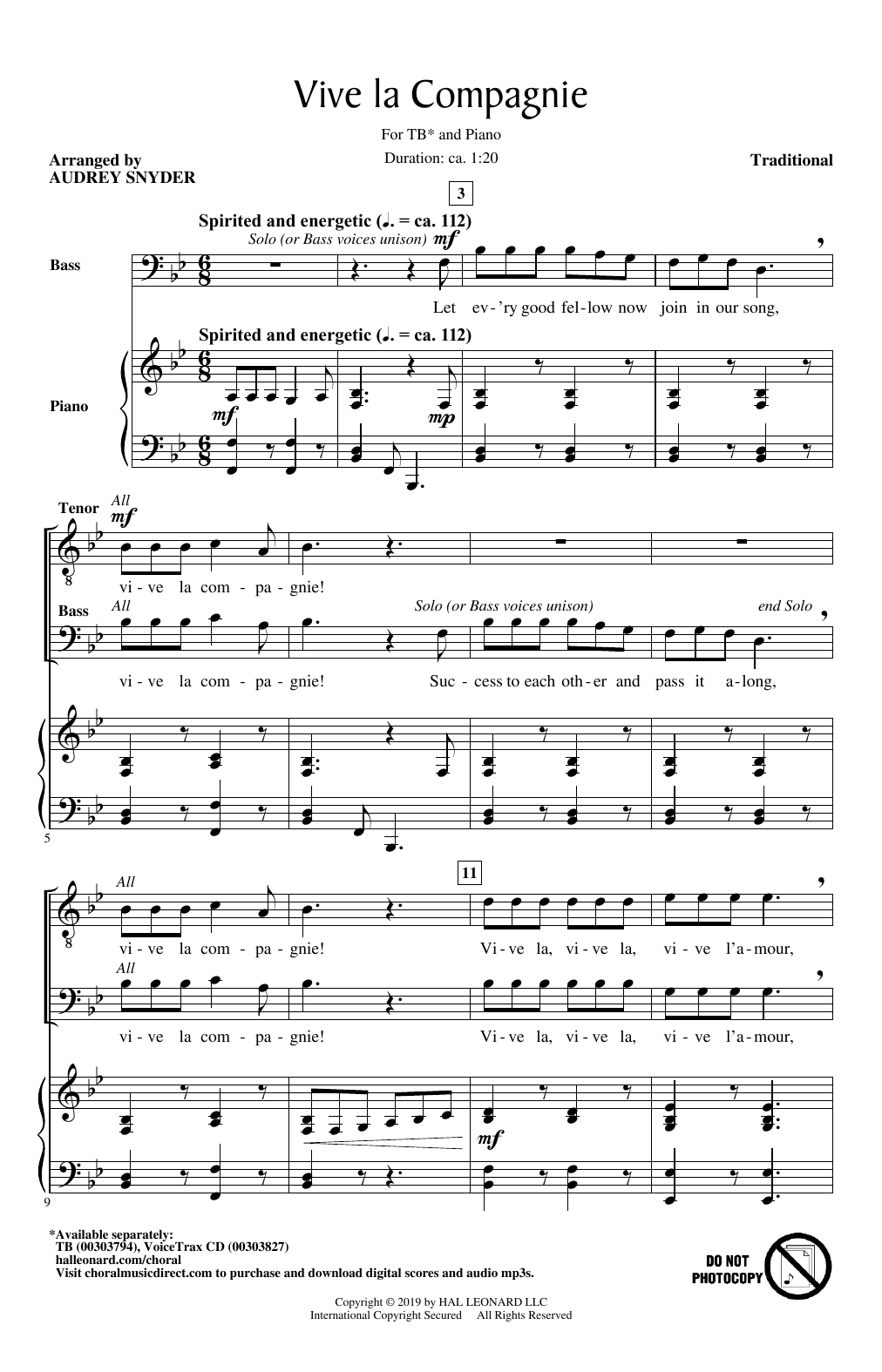Traditional Vive La Compagnie (arr. Audrey Snyder) Sheet Music Notes & Chords for TB Choir - Download or Print PDF