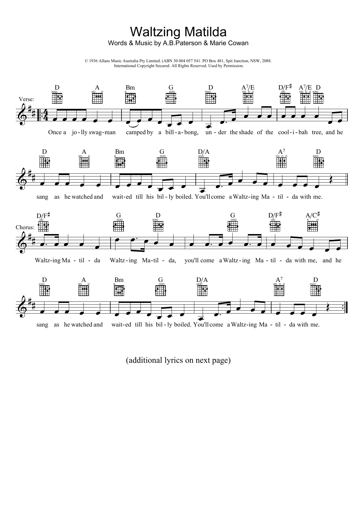 Traditional Waltzing Matilda Sheet Music Notes & Chords for Melody Line, Lyrics & Chords - Download or Print PDF