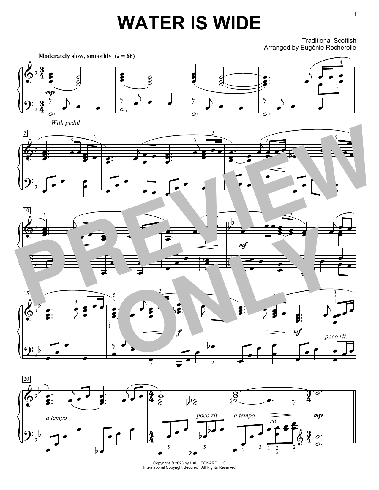 Traditional Water Is Wide (arr. Eugénie Rocherolle) Sheet Music Notes & Chords for Piano Solo - Download or Print PDF