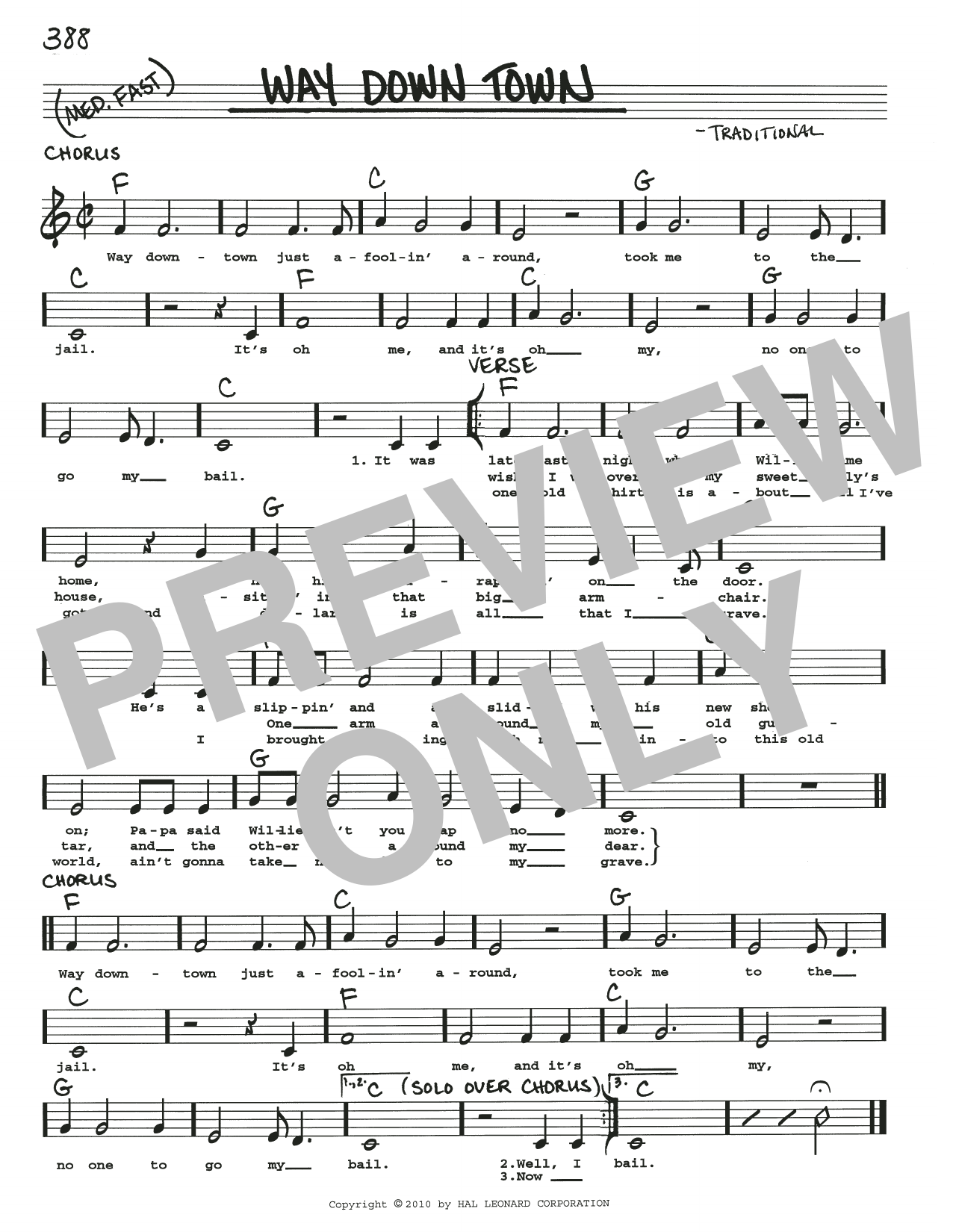 Traditional Way Down Town Sheet Music Notes & Chords for Real Book – Melody, Lyrics & Chords - Download or Print PDF
