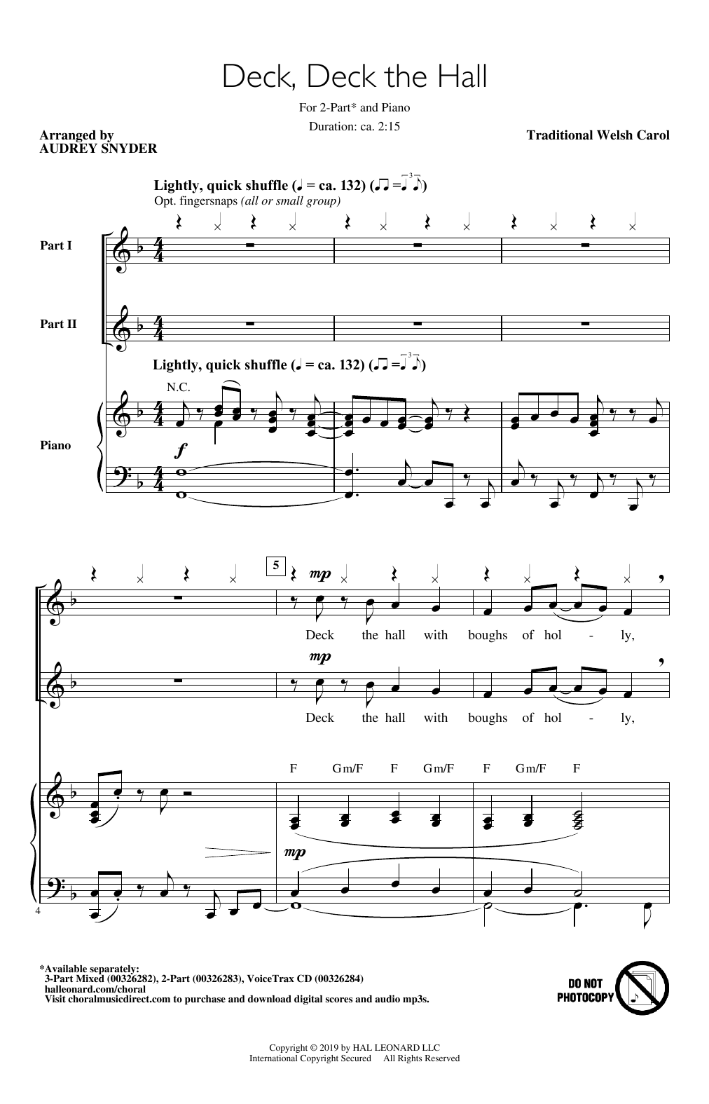 Traditional Welsh Carol Deck, Deck The Hall (arr. Audrey Snyder) Sheet Music Notes & Chords for 2-Part Choir - Download or Print PDF