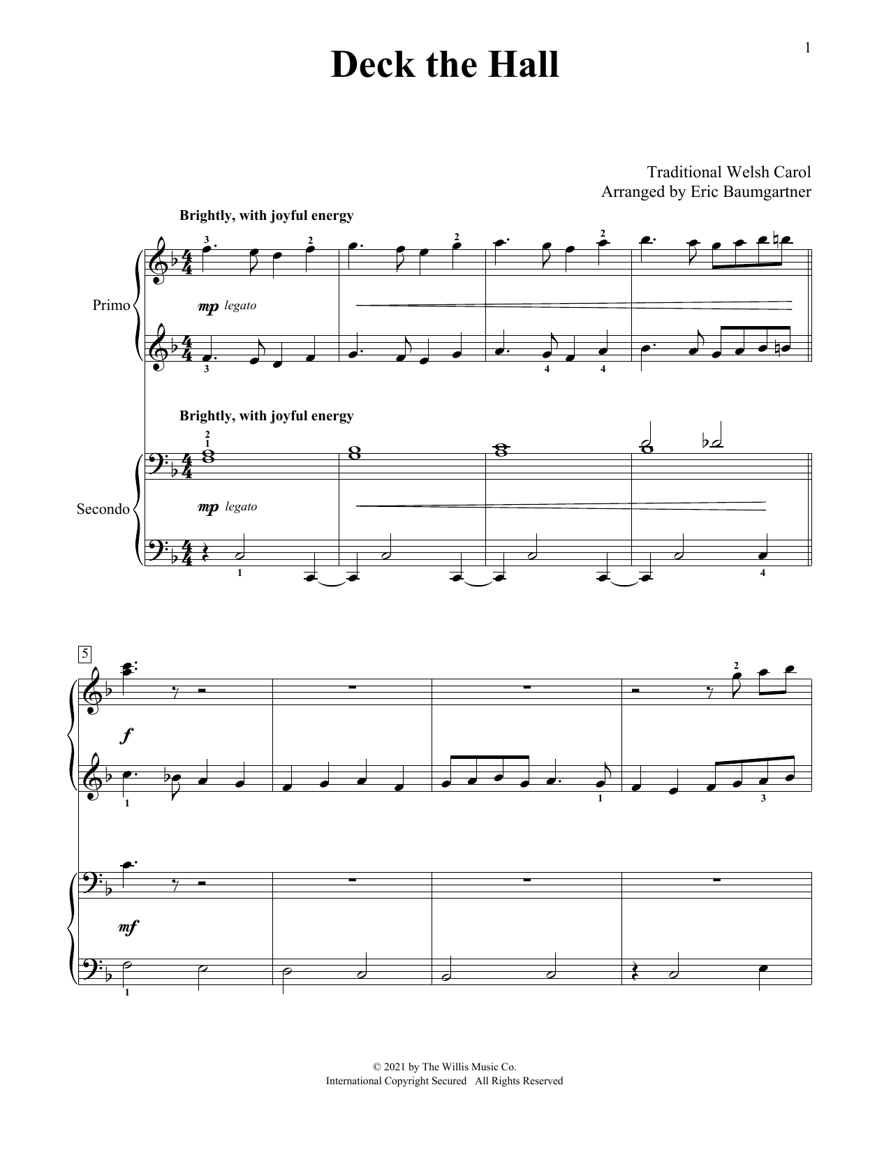 Traditional Welsh Carol Deck The Hall (arr. Eric Baumgartner) Sheet Music Notes & Chords for Piano Duet - Download or Print PDF