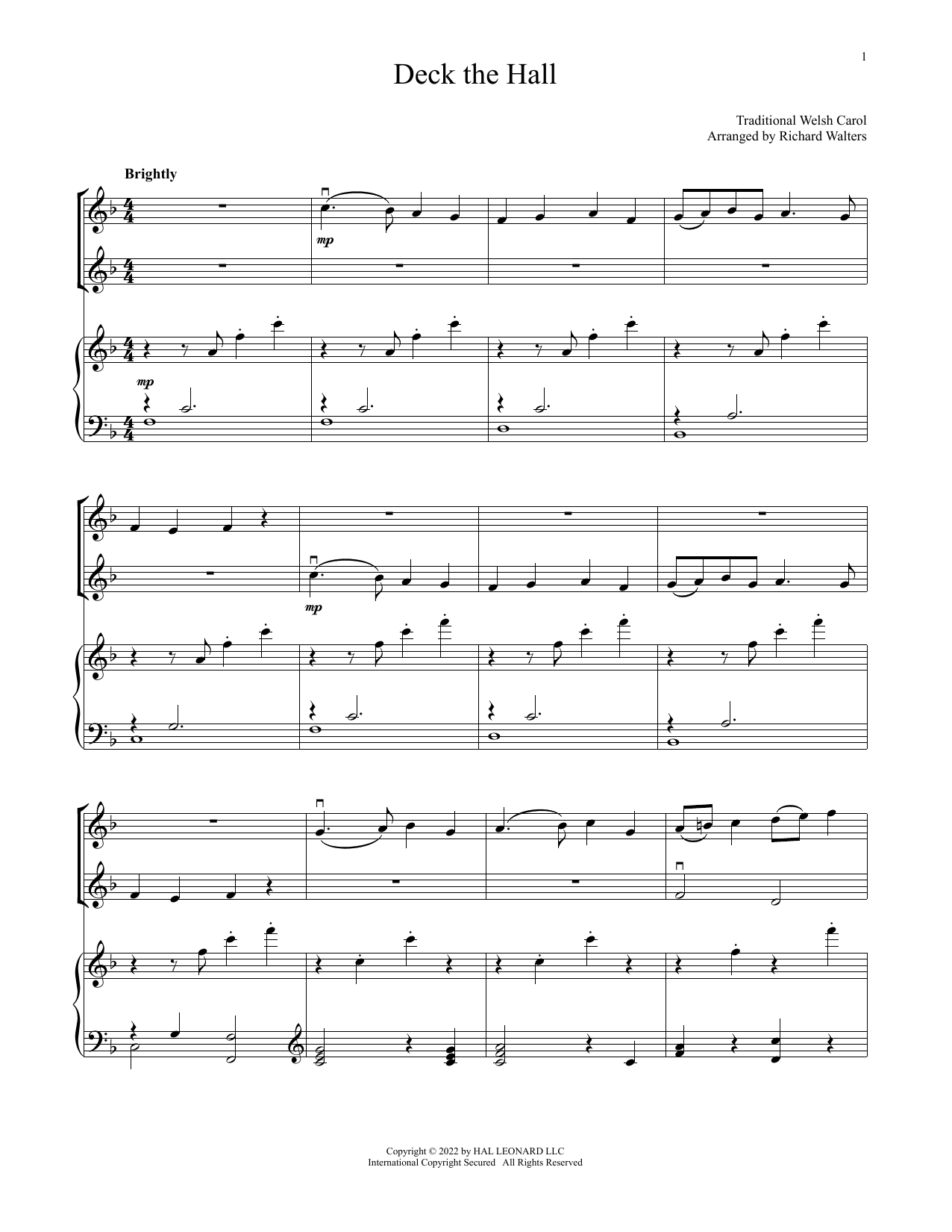 Traditional Welsh Carol Deck The Hall (for Violin Duet and Piano) Sheet Music Notes & Chords for Violin and Piano - Download or Print PDF