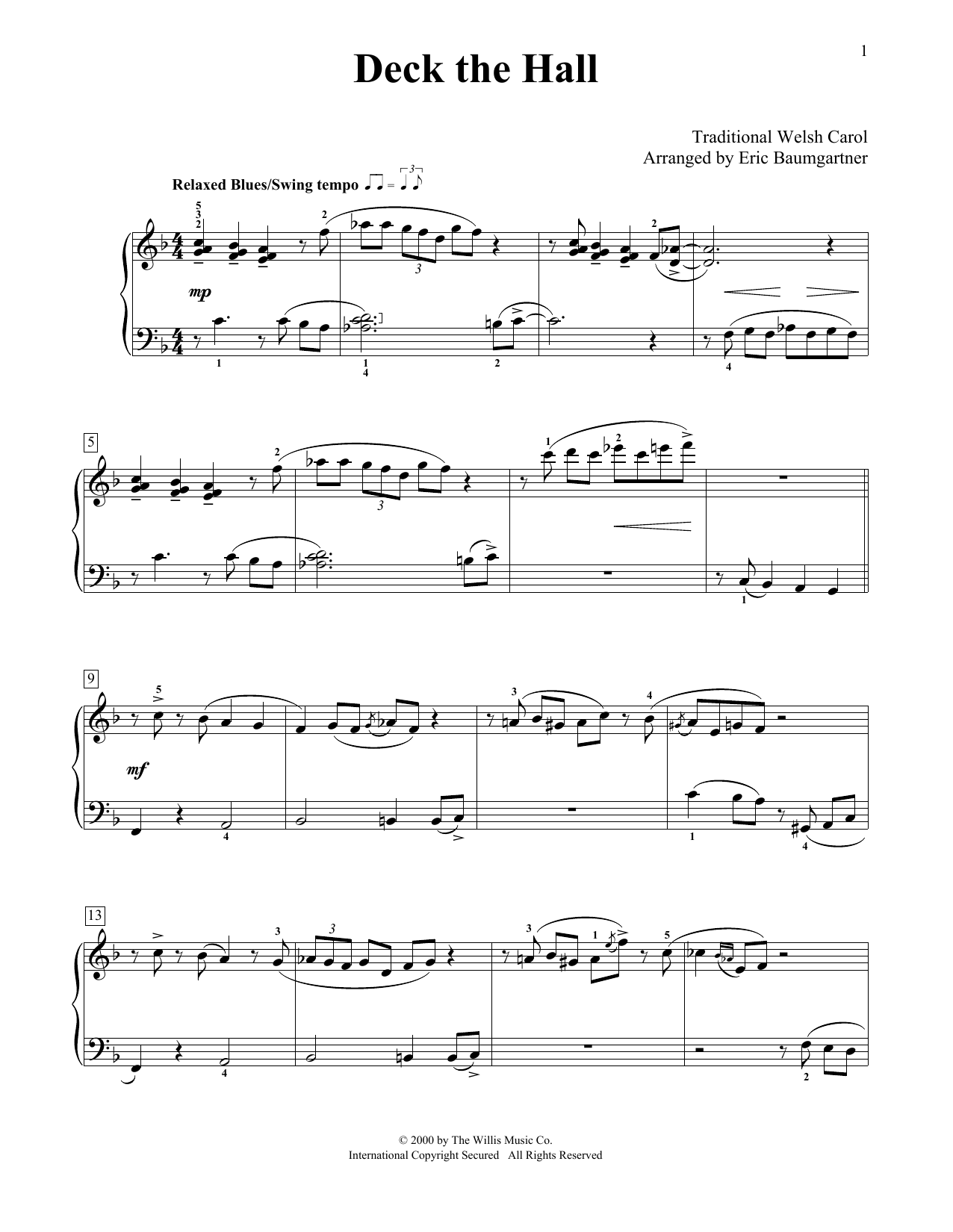 Traditional Welsh Carol Deck The Hall [Jazz version] (arr. Eric Baumgartner) Sheet Music Notes & Chords for Educational Piano - Download or Print PDF