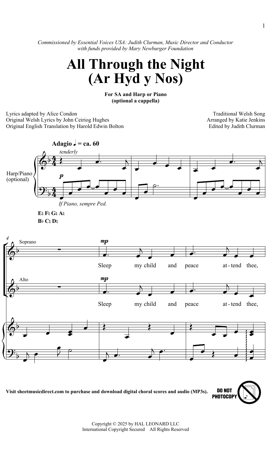 Traditional Welsh Song All Through The Night (Ar Hyd A Nos) (arr. Katie Jenkins) Sheet Music Notes & Chords for SATB Choir - Download or Print PDF