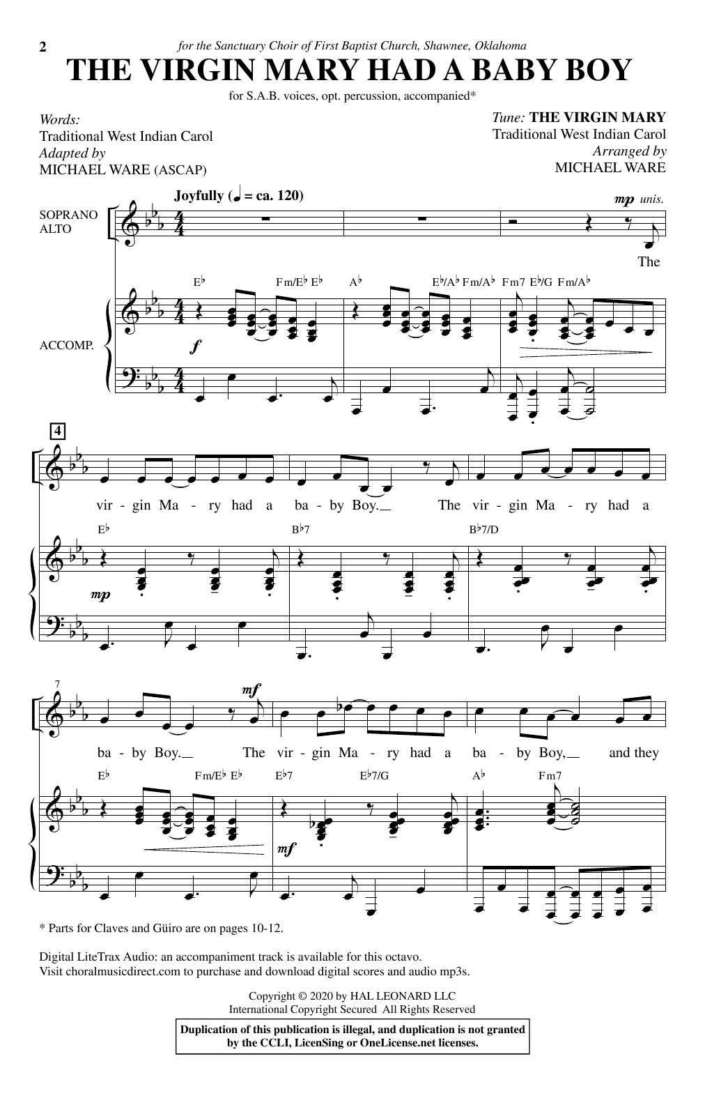 Traditional West Indian Carol The Virgin Mary Had A Baby Boy (arr. Michael Ware) Sheet Music Notes & Chords for SAB Choir - Download or Print PDF