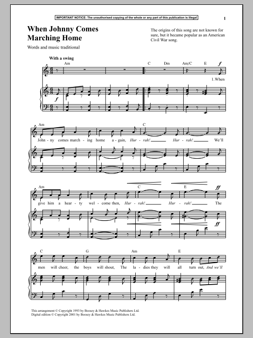 Traditional When Johnny Comes Marching Home Sheet Music Notes & Chords for Piano - Download or Print PDF