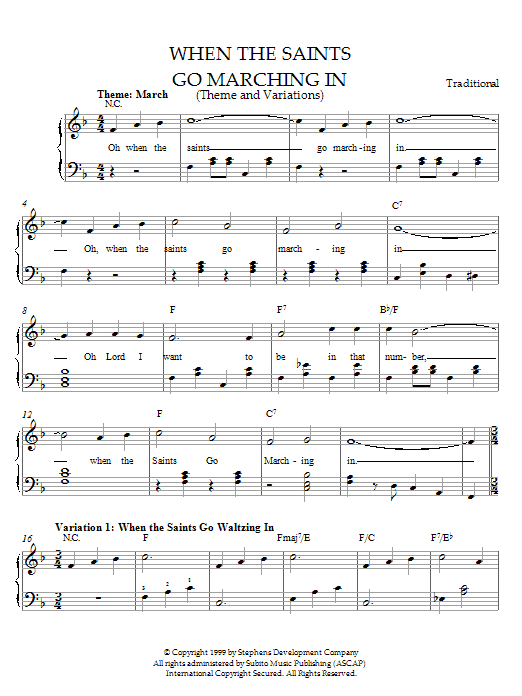 Traditional When The Saints Go Marching In (Theme and Variations) Sheet Music Notes & Chords for Easy Piano - Download or Print PDF Traditional When The Saints Go Marching In (Theme and Variations) Sheet Music Notes & Chords for Easy Piano - Download or Print PDF