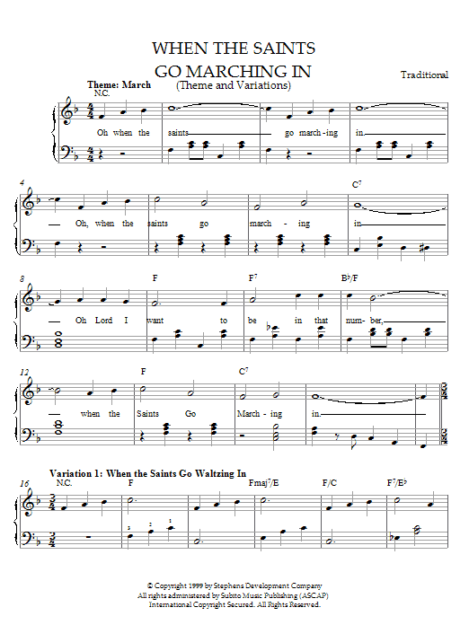 Traditional When The Saints Go Marching In (Theme and Variations) Sheet Music Notes & Chords for Easy Piano - Download or Print PDF