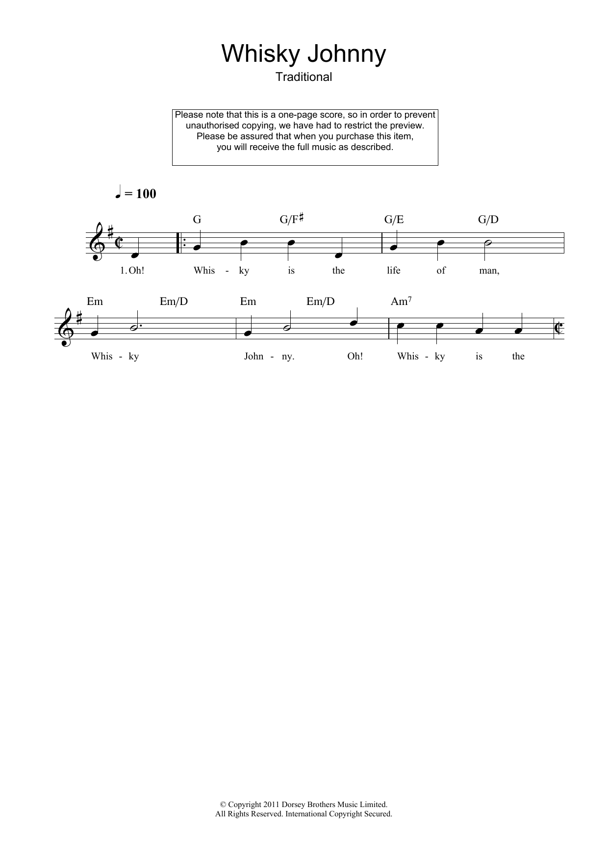 Traditional Whisky Johnny Sheet Music Notes & Chords for Melody Line, Lyrics & Chords - Download or Print PDF