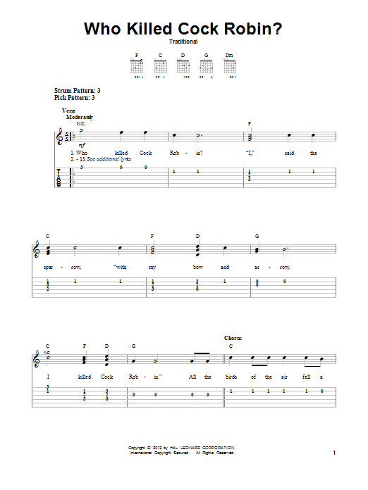 Traditional Who Killed Cock Robin? Sheet Music Notes & Chords for Easy Guitar Tab - Download or Print PDF