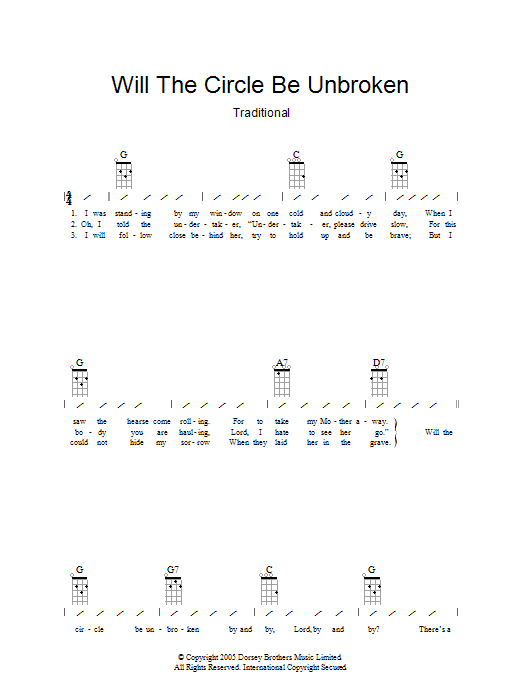 Traditional Will The Circle Be Unbroken Sheet Music Notes & Chords for Ukulele with strumming patterns - Download or Print PDF