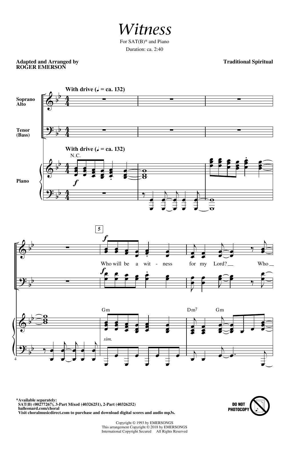 Traditional Witness (Arr. Roger Emerson) Sheet Music Notes & Chords for SATB Choir - Download or Print PDF