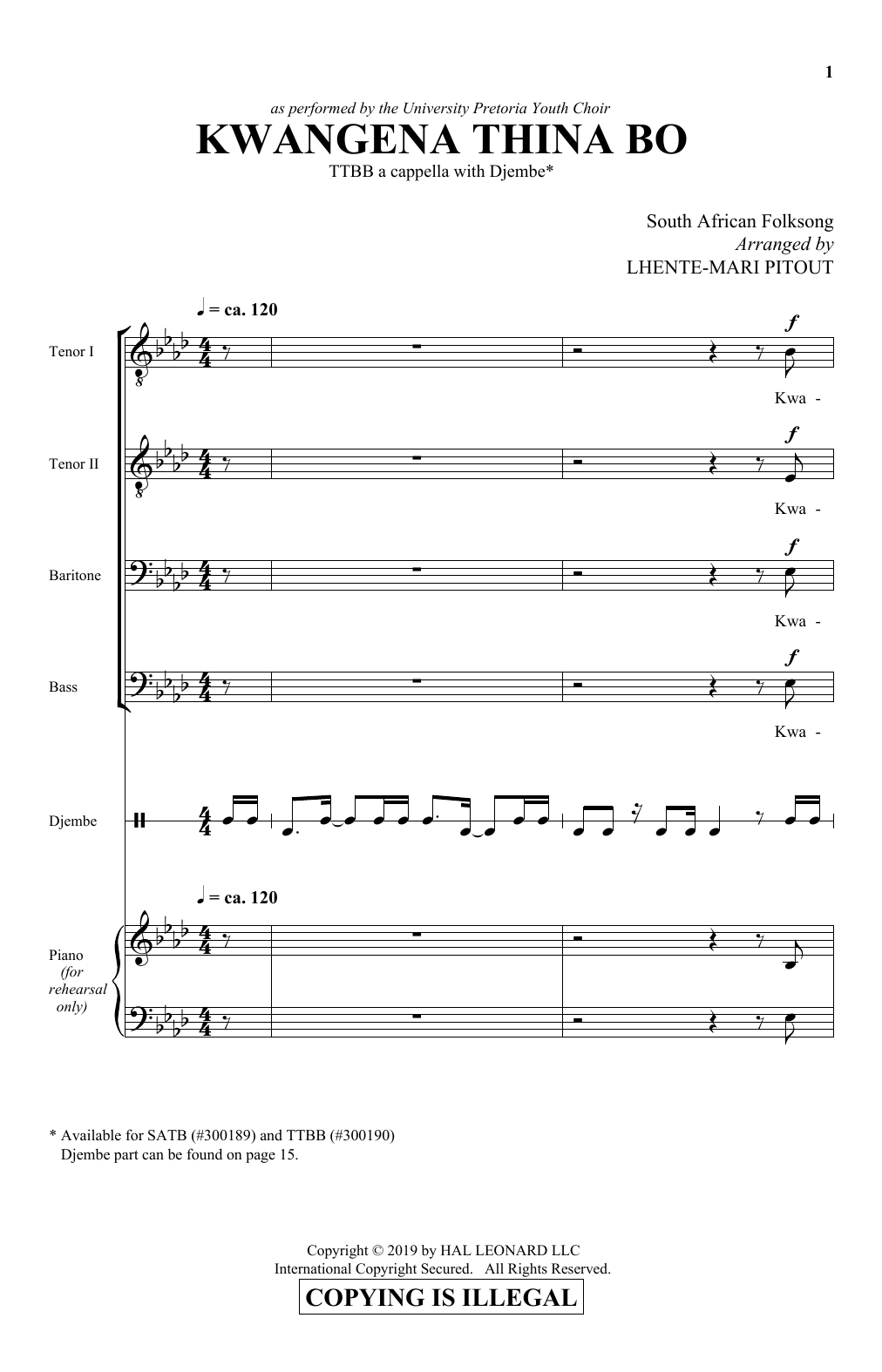 Traditional Xhosa Folk Song Kwangena Thina Bo (arr. Lhente-Mari Pitout) Sheet Music Notes & Chords for TTBB Choir - Download or Print PDF