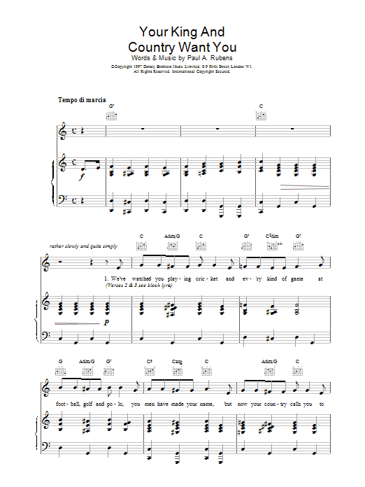 Traditional Your King And Country Want You Sheet Music Notes & Chords for Piano, Vocal & Guitar (Right-Hand Melody) - Download or Print PDF