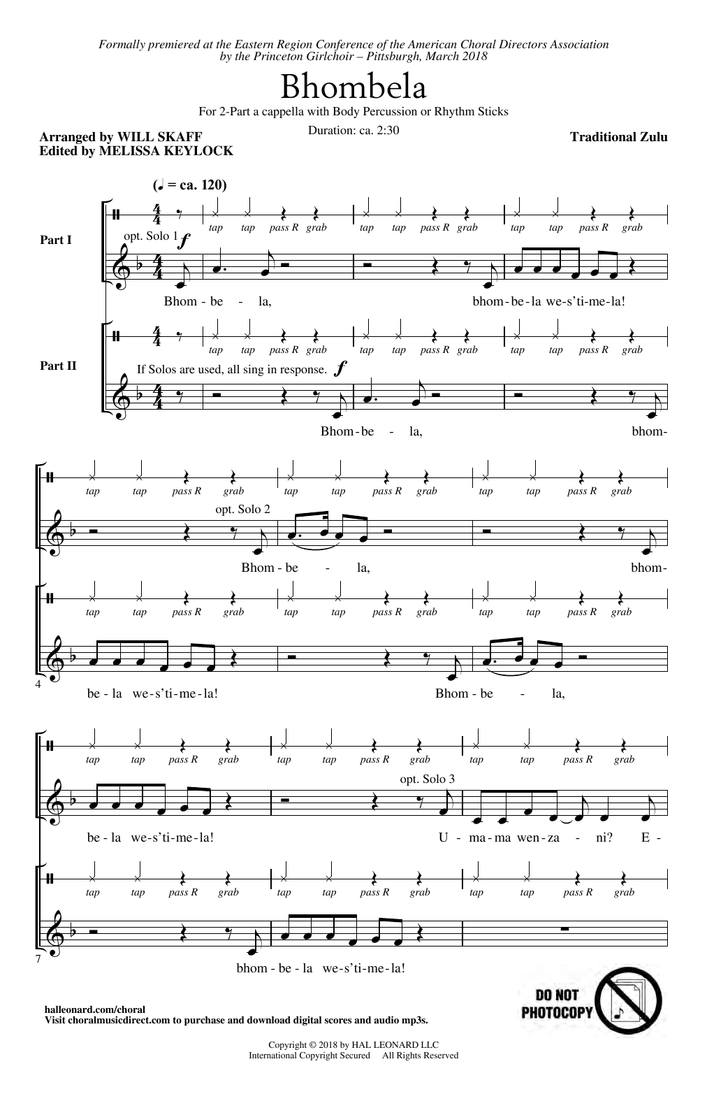 Traditional Zulu Bhombela (arr. Will Skaff) Sheet Music Notes & Chords for 2-Part Choir - Download or Print PDF
