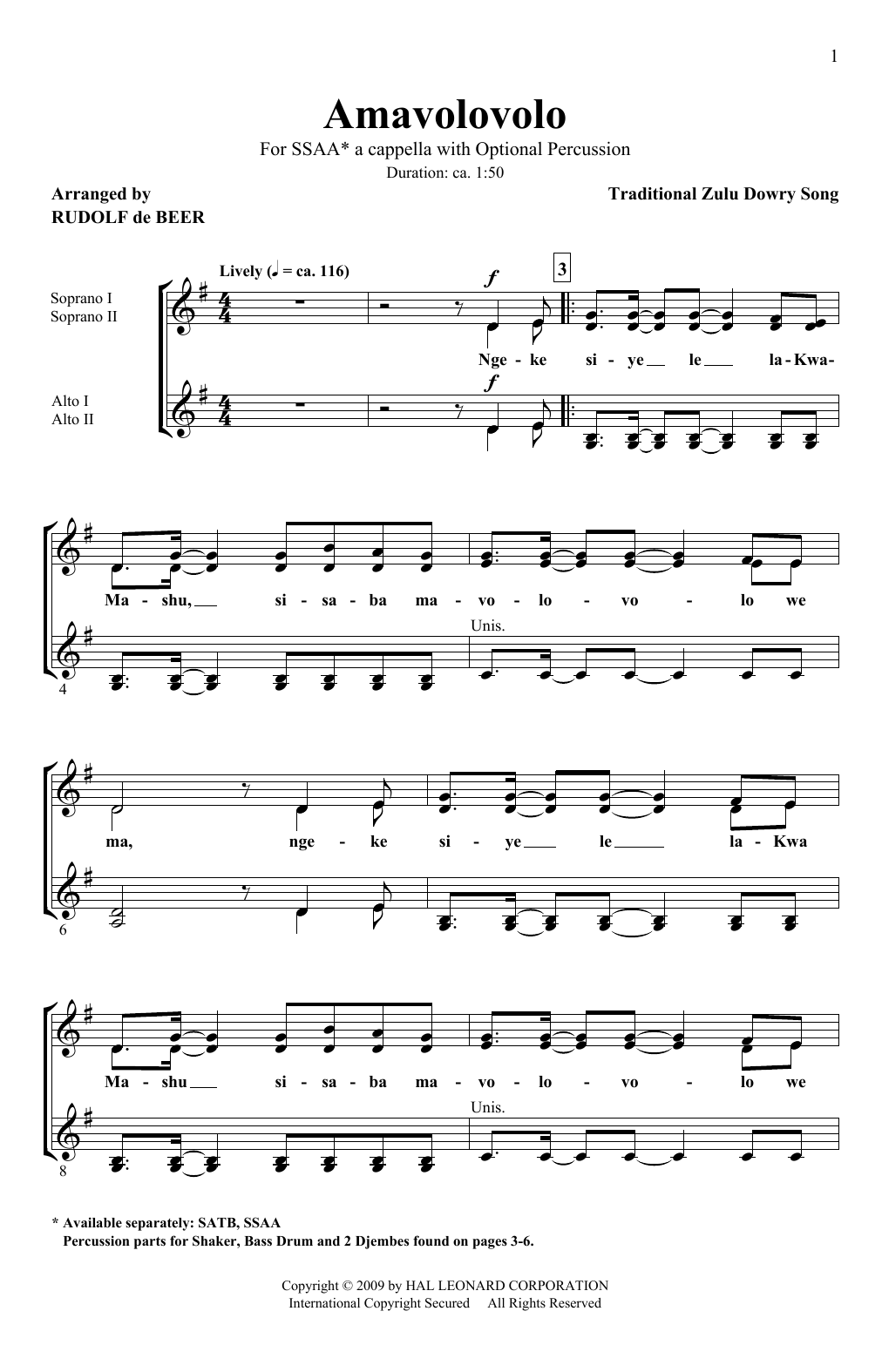 Traditional Zulu Dowry Song Amavolovolo (arr. Rudolf de Beer) Sheet Music Notes & Chords for SSAA Choir - Download or Print PDF