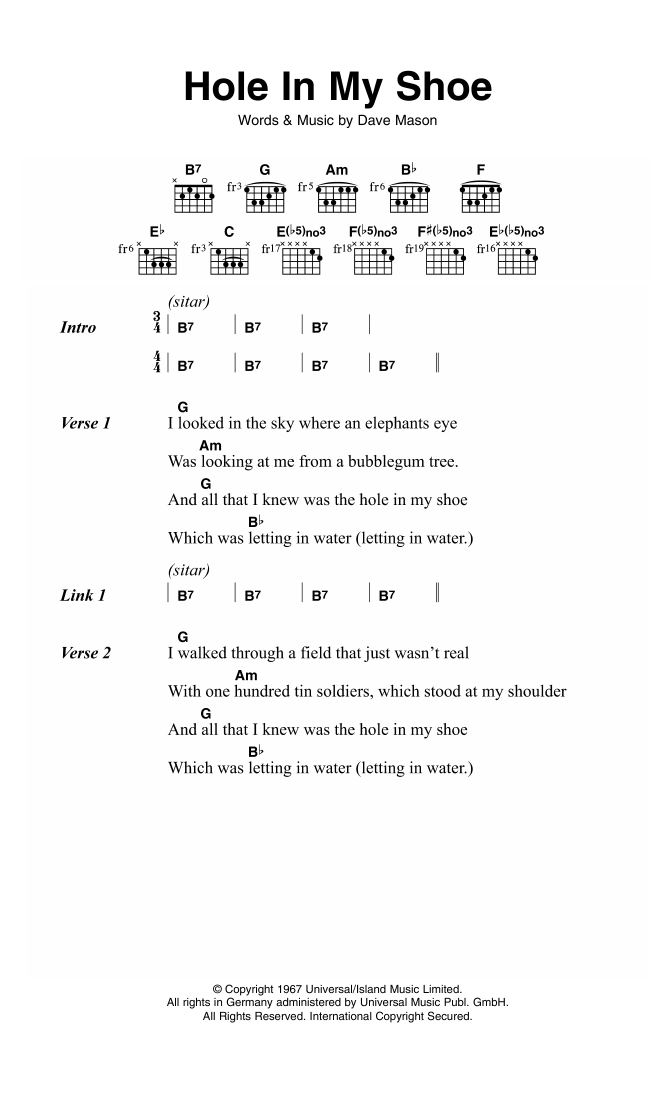 Traffic Hole In My Shoe Sheet Music Notes & Chords for Lyrics & Chords - Download or Print PDF