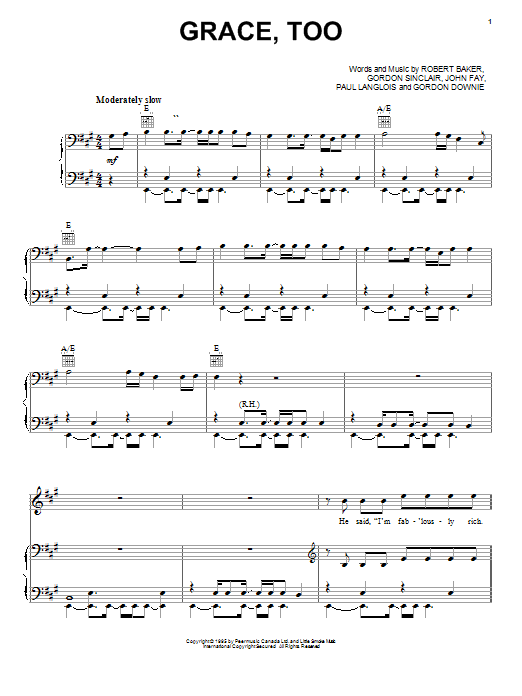 Tragically Hip Grace, Too Sheet Music Notes & Chords for Piano, Vocal & Guitar (Right-Hand Melody) - Download or Print PDF Tragically Hip Grace, Too Sheet Music Notes & Chords for Piano, Vocal & Guitar (Right-Hand Melody) - Download or Print PDF