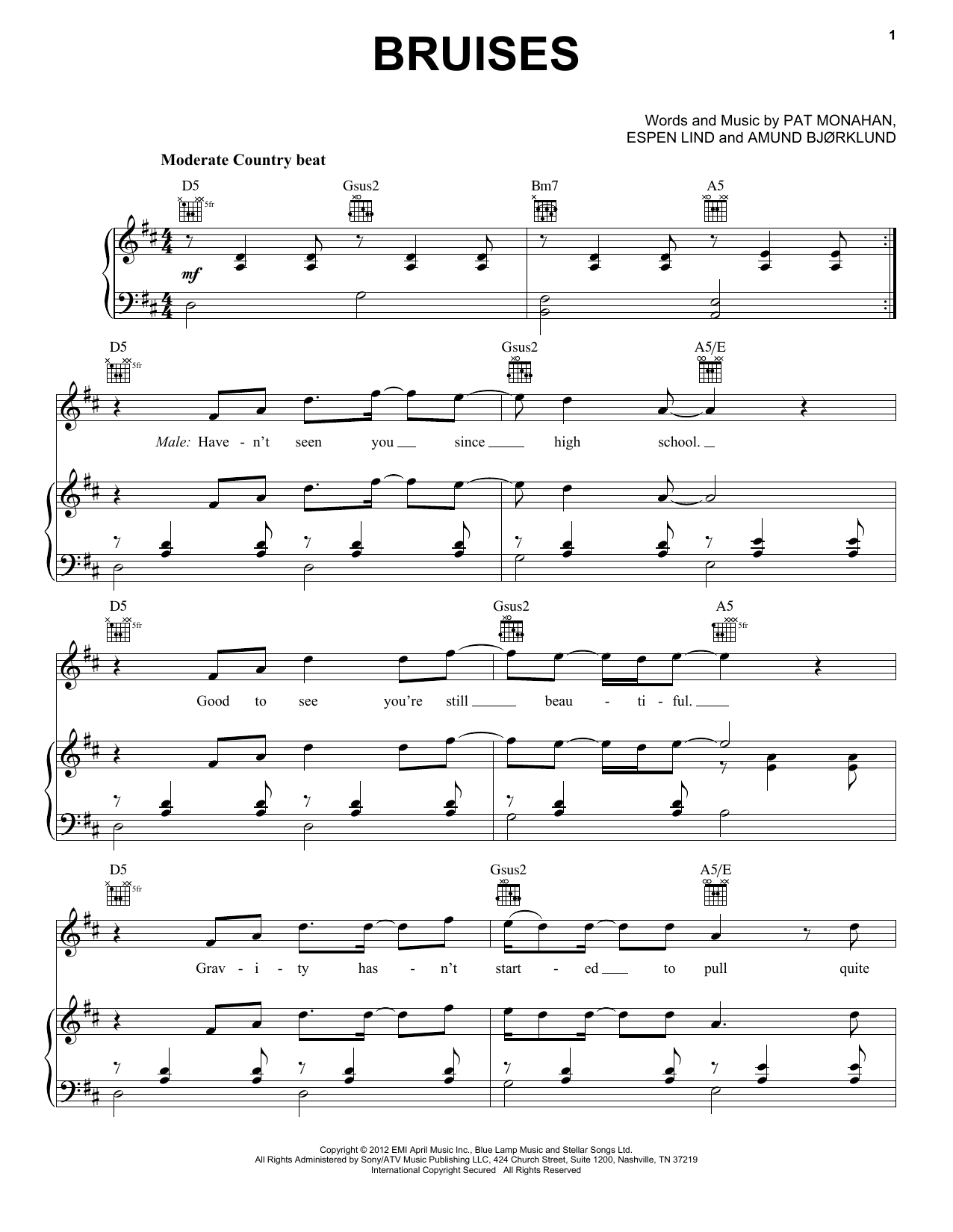 Train Bruises Sheet Music Notes & Chords for Piano, Vocal & Guitar (Right-Hand Melody) - Download or Print PDF