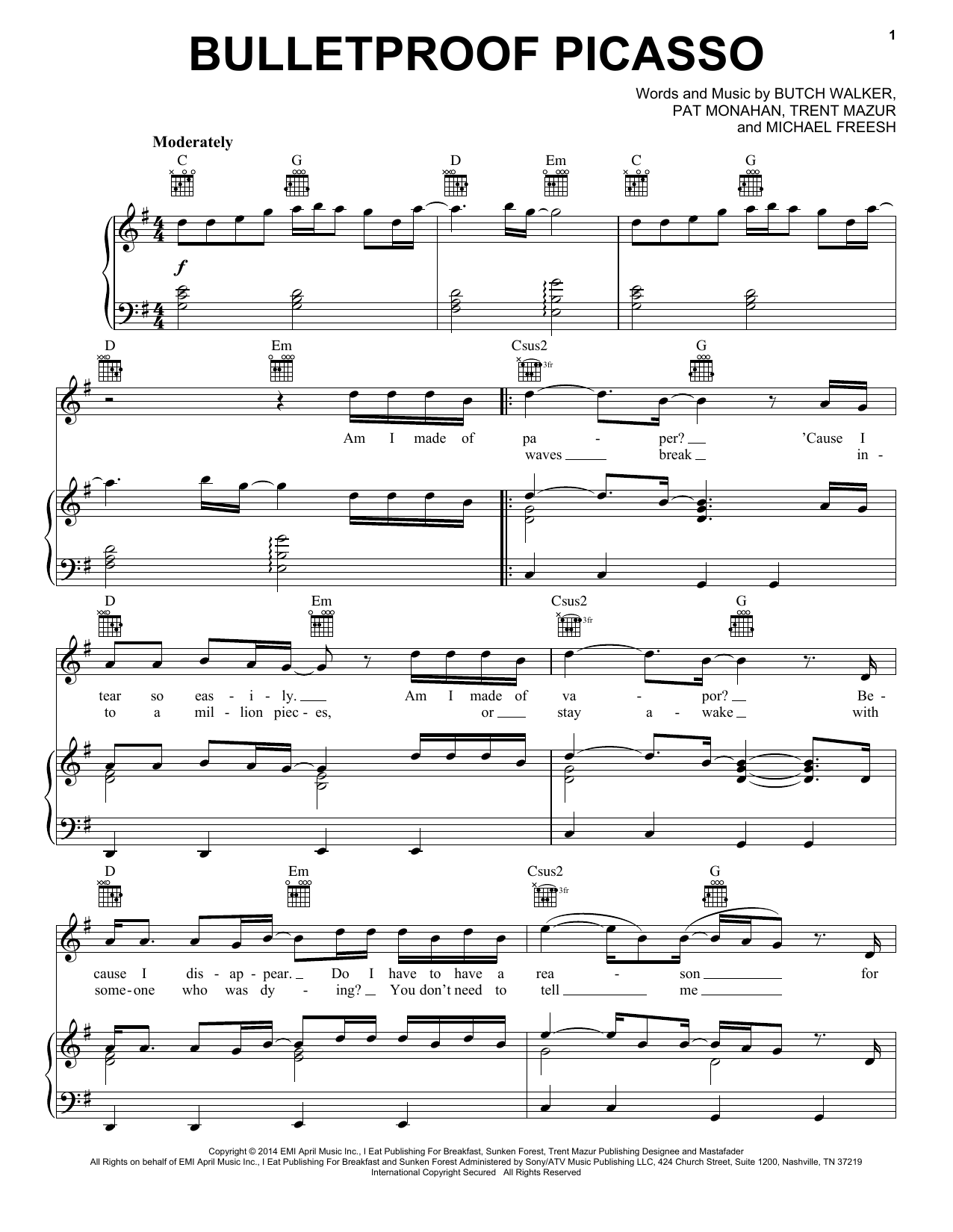 Train Bulletproof Picasso Sheet Music Notes & Chords for Piano, Vocal & Guitar (Right-Hand Melody) - Download or Print PDF