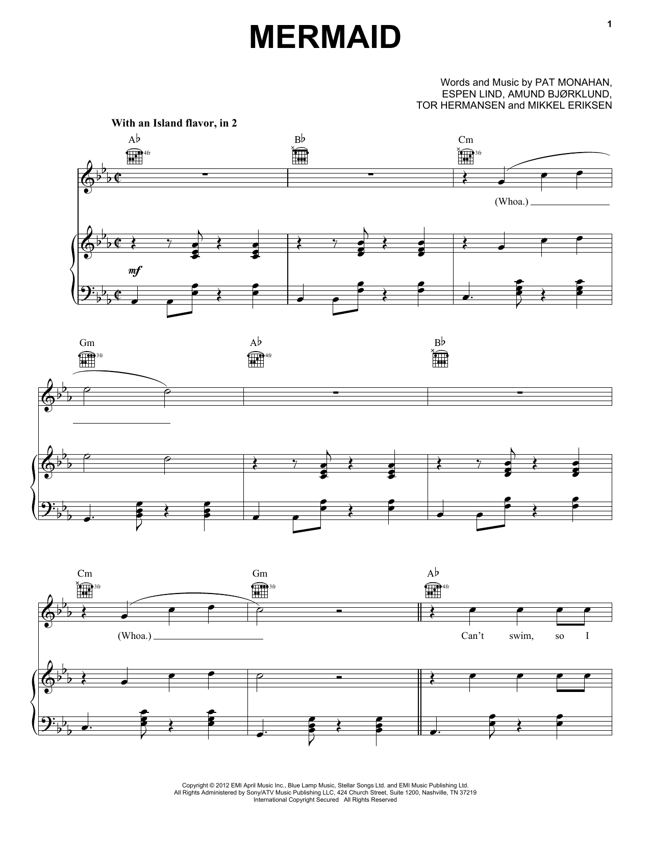 Train Mermaid Sheet Music Notes & Chords for Piano, Vocal & Guitar (Right-Hand Melody) - Download or Print PDF