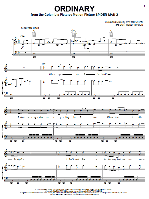 Train Ordinary (from Spider-Man 2) Sheet Music Notes & Chords for Piano, Vocal & Guitar (Right-Hand Melody) - Download or Print PDF