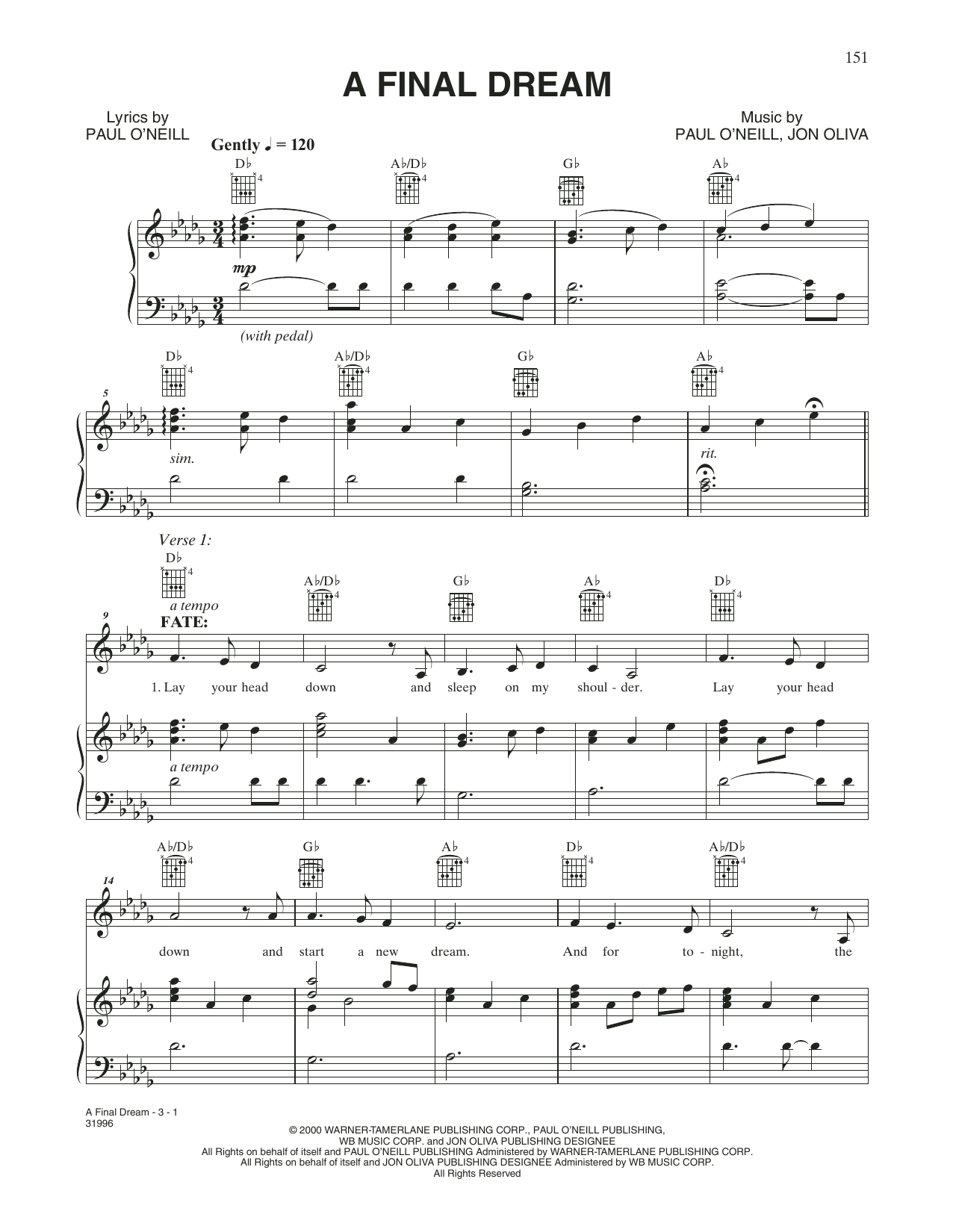 Trans-Siberian Orchestra A Final Dream Sheet Music Notes & Chords for Piano, Vocal & Guitar (Right-Hand Melody) - Download or Print PDF