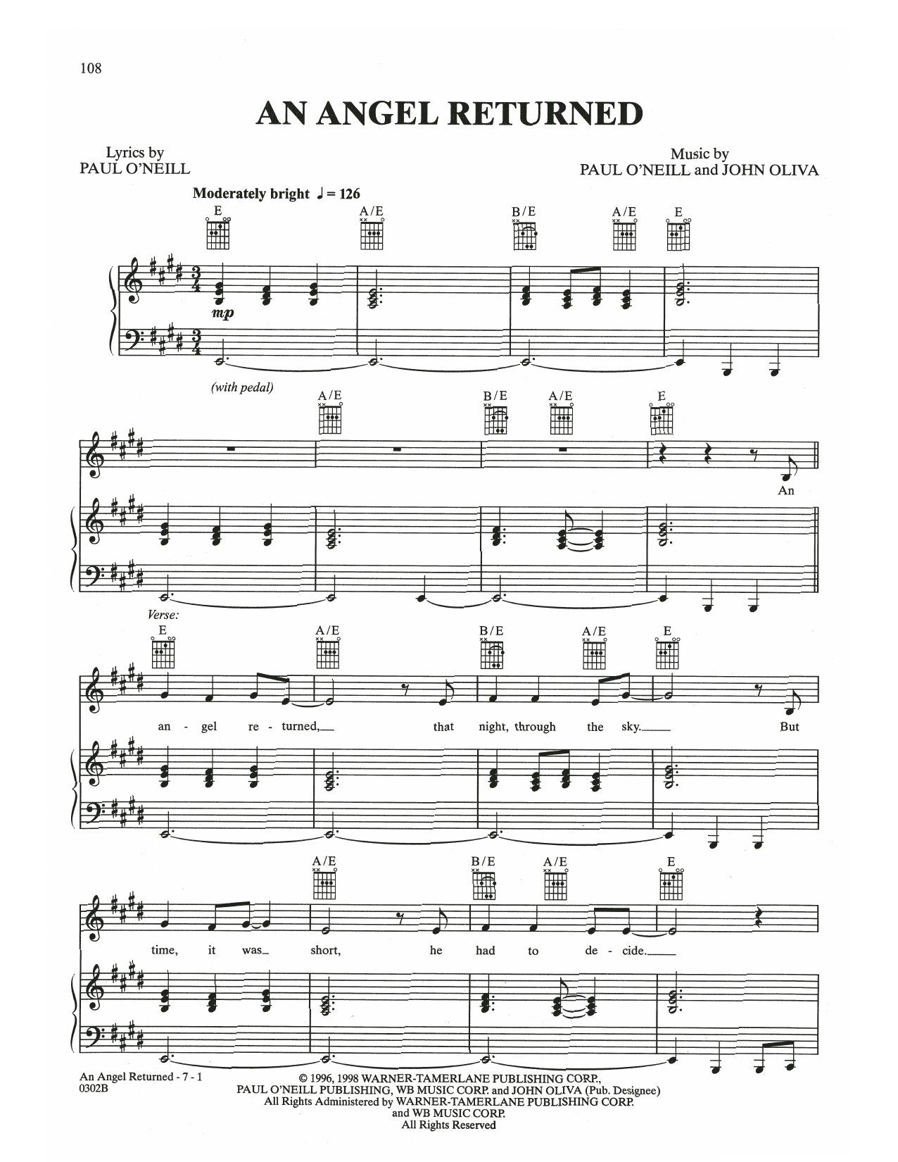 Trans-Siberian Orchestra An Angel Returned Sheet Music Notes & Chords for Piano, Vocal & Guitar (Right-Hand Melody) - Download or Print PDF