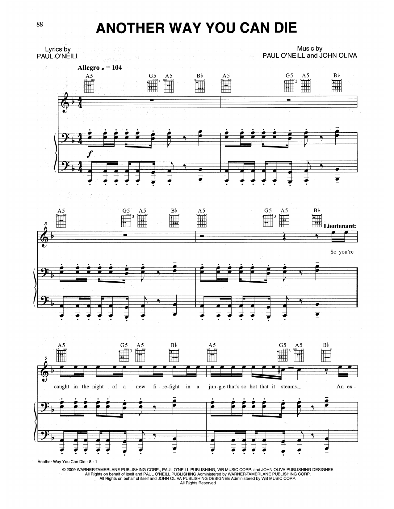 Trans-Siberian Orchestra Another Way You Can Die Sheet Music Notes & Chords for Piano, Vocal & Guitar (Right-Hand Melody) - Download or Print PDF