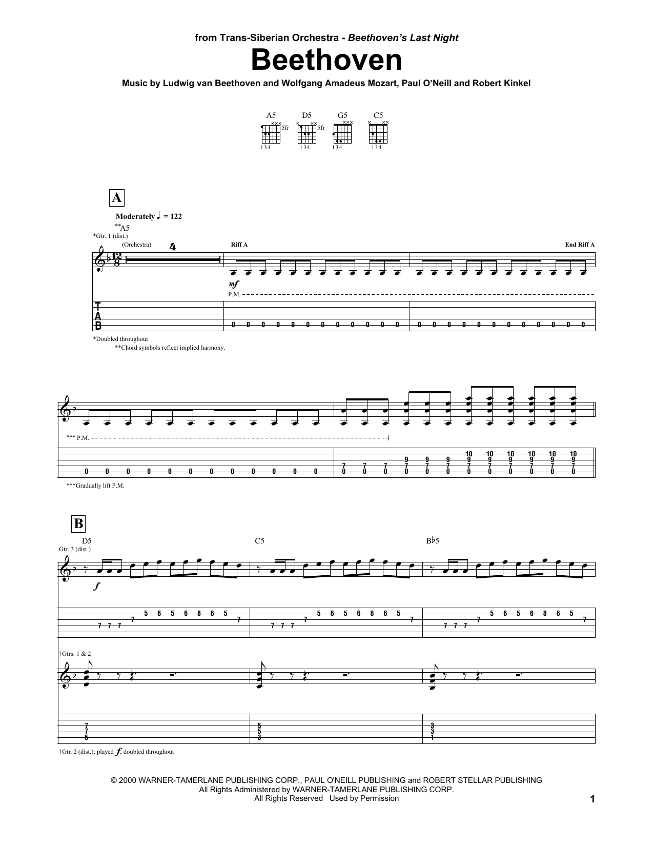 Trans-Siberian Orchestra Beethoven Sheet Music Notes & Chords for Guitar Tab Play-Along - Download or Print PDF
