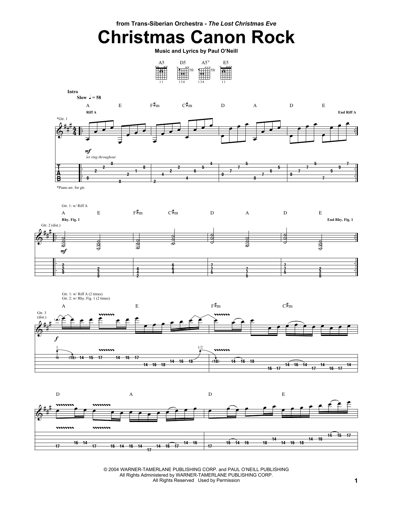 Trans-Siberian Orchestra Christmas Canon Rock Sheet Music Notes & Chords for Guitar Tab - Download or Print PDF