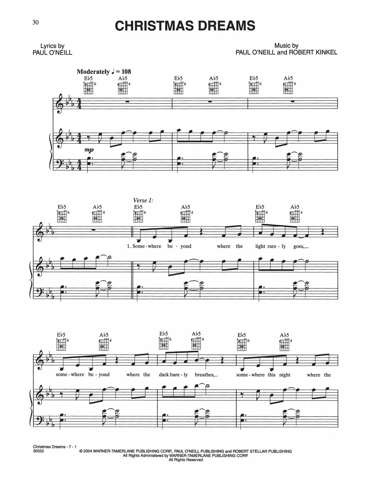 Trans-Siberian Orchestra Christmas Dreams Sheet Music Notes & Chords for Piano, Vocal & Guitar (Right-Hand Melody) - Download or Print PDF
