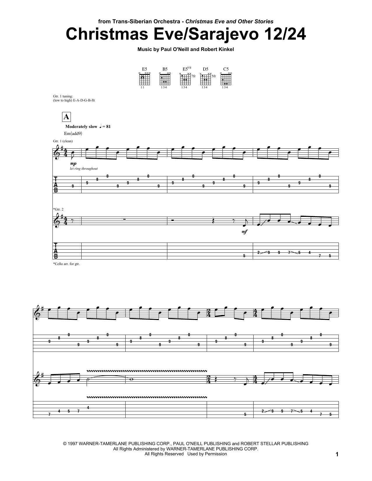 Trans-Siberian Orchestra Christmas Eve/Sarajevo 12/24 Sheet Music Notes & Chords for Guitar Tab Play-Along - Download or Print PDF