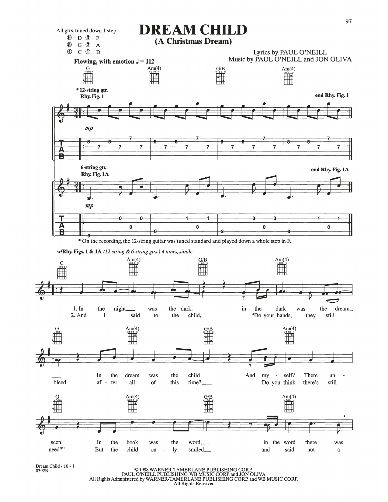Trans-Siberian Orchestra Dream Child (A Christmas Dream) Sheet Music Notes & Chords for Guitar Tab - Download or Print PDF