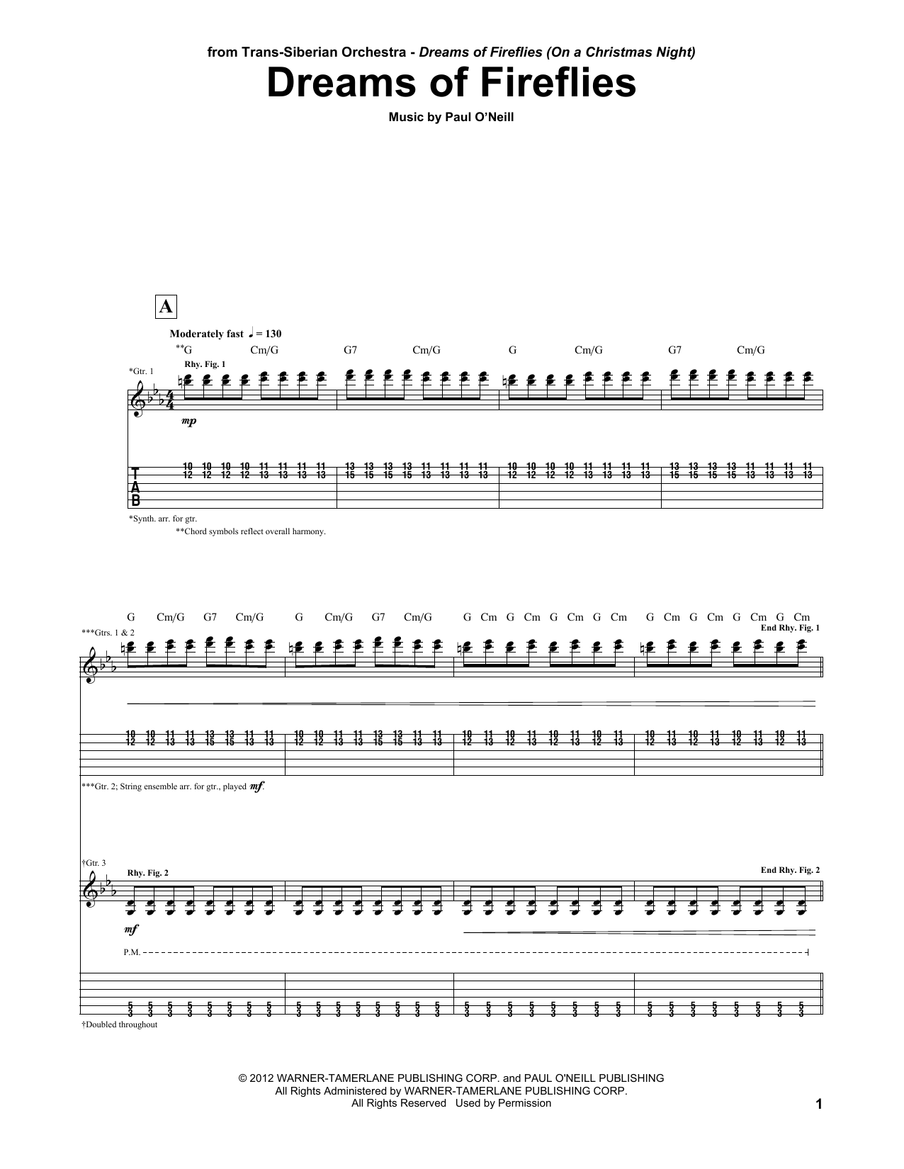 Trans-Siberian Orchestra Dreams Of Fireflies Sheet Music Notes & Chords for Guitar Tab - Download or Print PDF