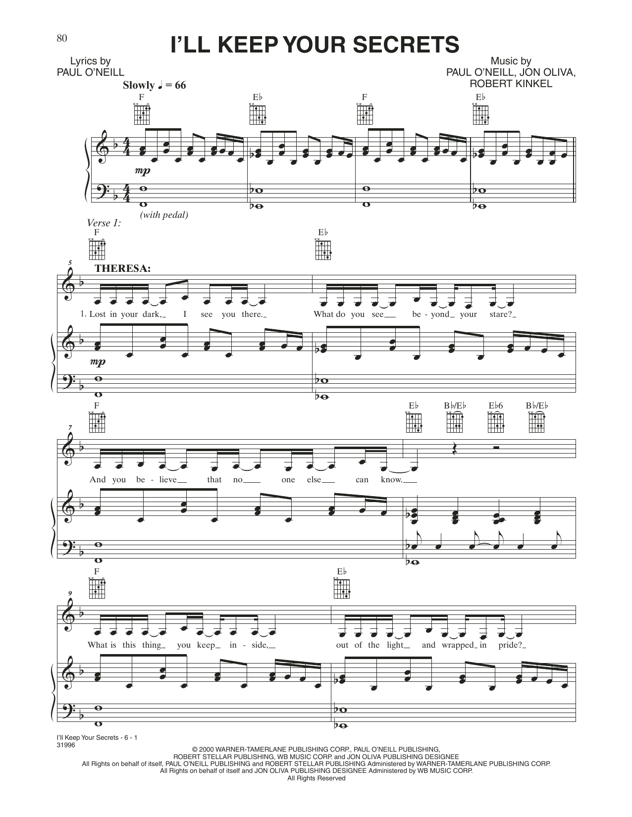 Trans-Siberian Orchestra I'll Keep Your Secrets Sheet Music Notes & Chords for Piano, Vocal & Guitar (Right-Hand Melody) - Download or Print PDF
