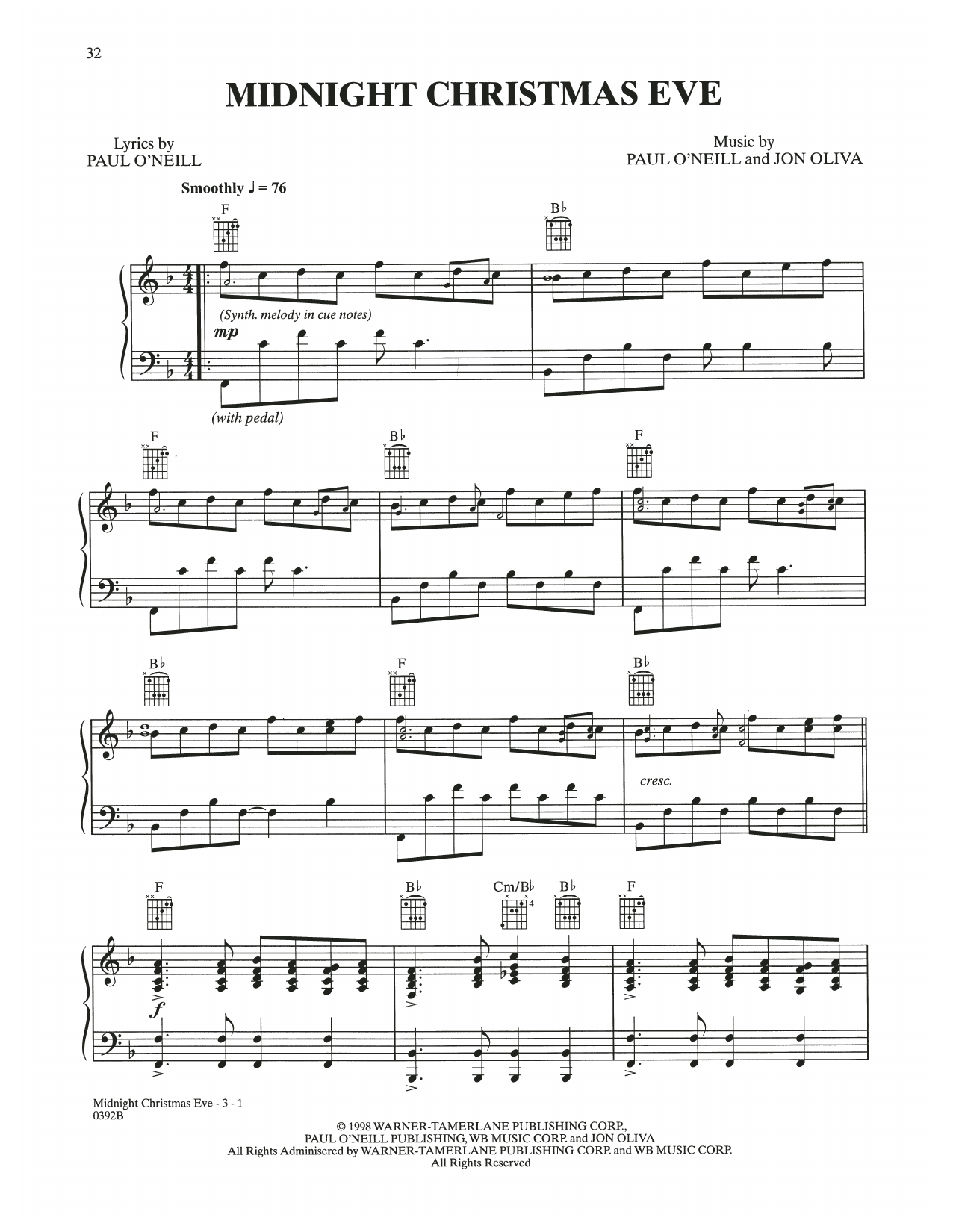 Trans-Siberian Orchestra Midnight Christmas Eve Sheet Music Notes & Chords for Piano Solo - Download or Print PDF