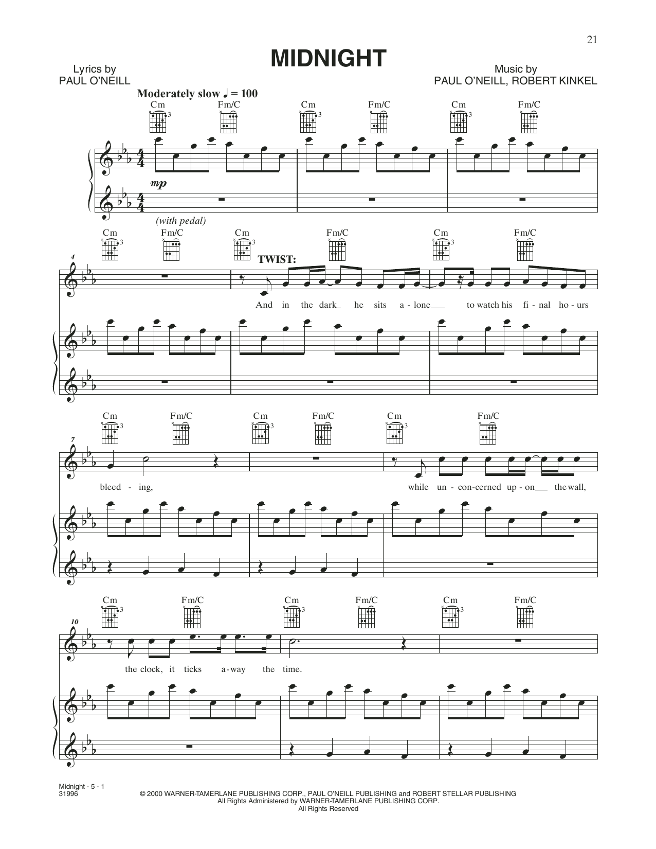 Trans-Siberian Orchestra Midnight Sheet Music Notes & Chords for Piano, Vocal & Guitar (Right-Hand Melody) - Download or Print PDF