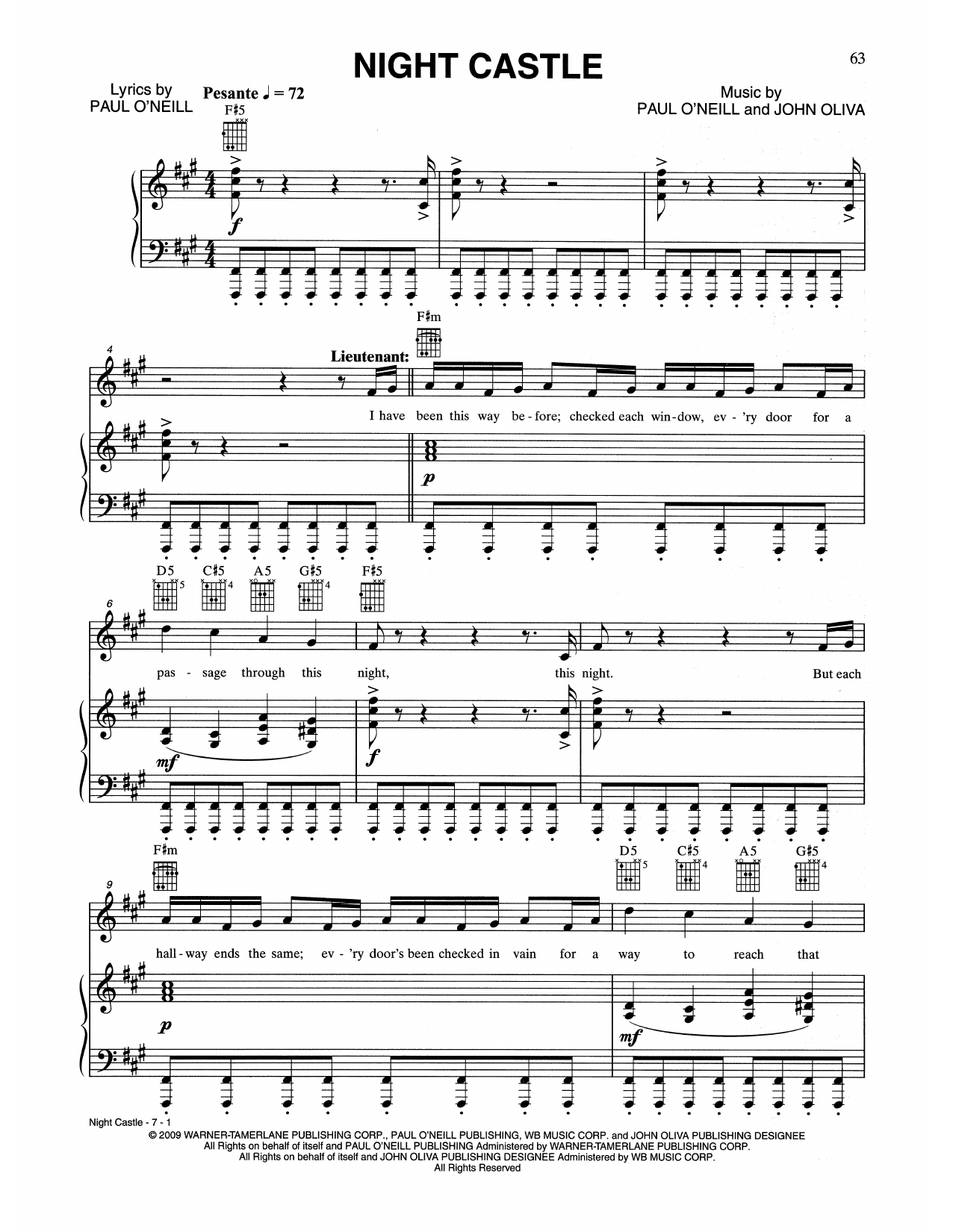 Trans-Siberian Orchestra Night Castle Sheet Music Notes & Chords for Piano, Vocal & Guitar (Right-Hand Melody) - Download or Print PDF