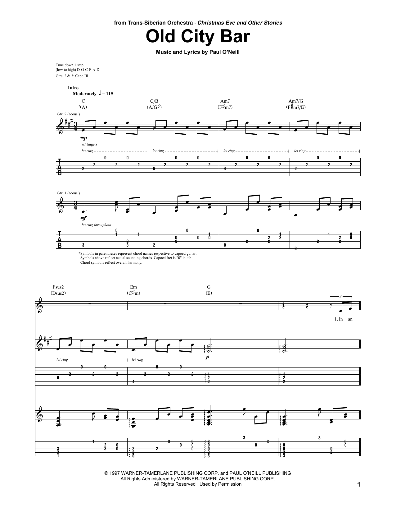 Trans-Siberian Orchestra Old City Bar Sheet Music Notes & Chords for Piano, Vocal & Guitar (Right-Hand Melody) - Download or Print PDF